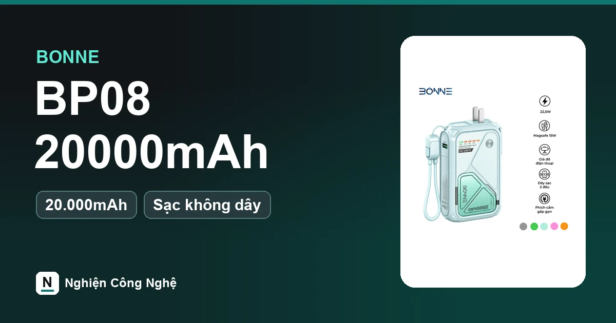Pin sạc dự phòng BONNE BP08 20000mAh sạc không dây kiêm củ sạc