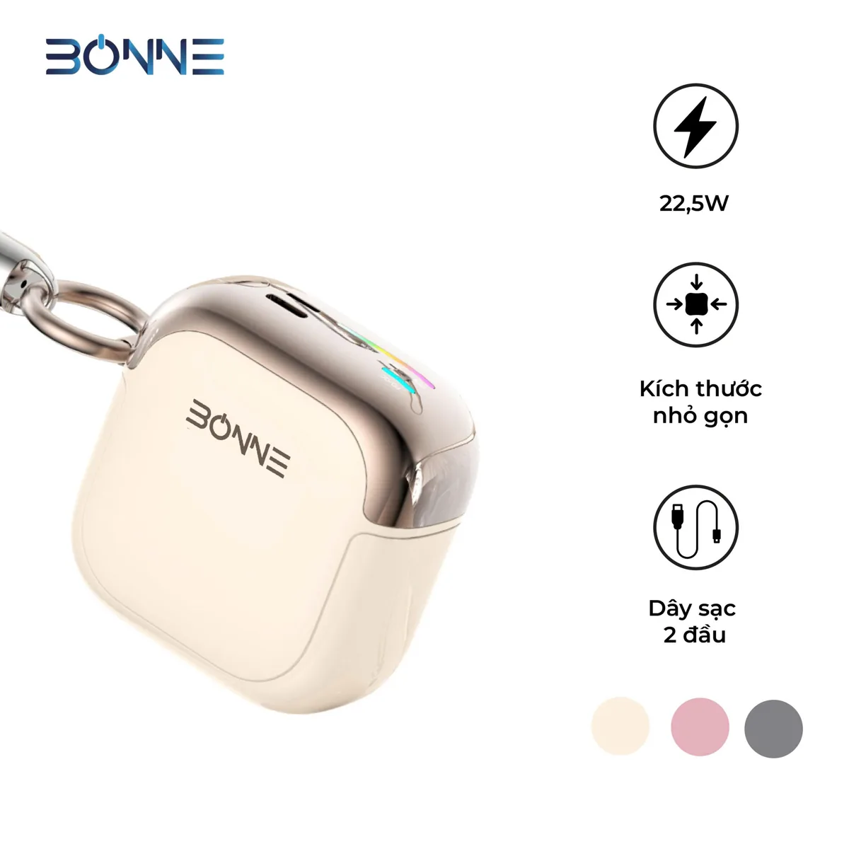 Pin sạc dự phòng BONNE BP29 10000mAh mini tích hợp dây đeo kiêm cáp Type-C và Lightning