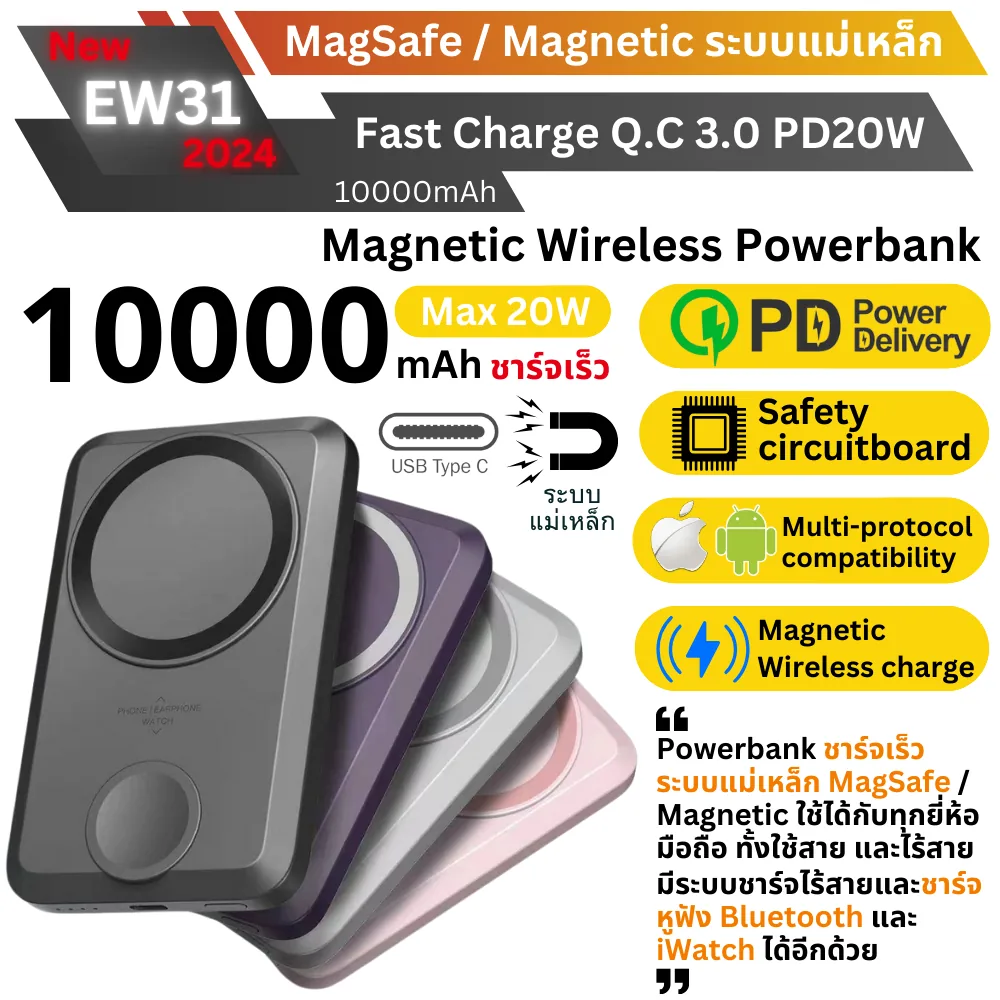 Pin sạc dự phòng ORSEN EW31 10000mAh 20W sạc không dây từ tính MagSafe + giá đỡ Apple Watch